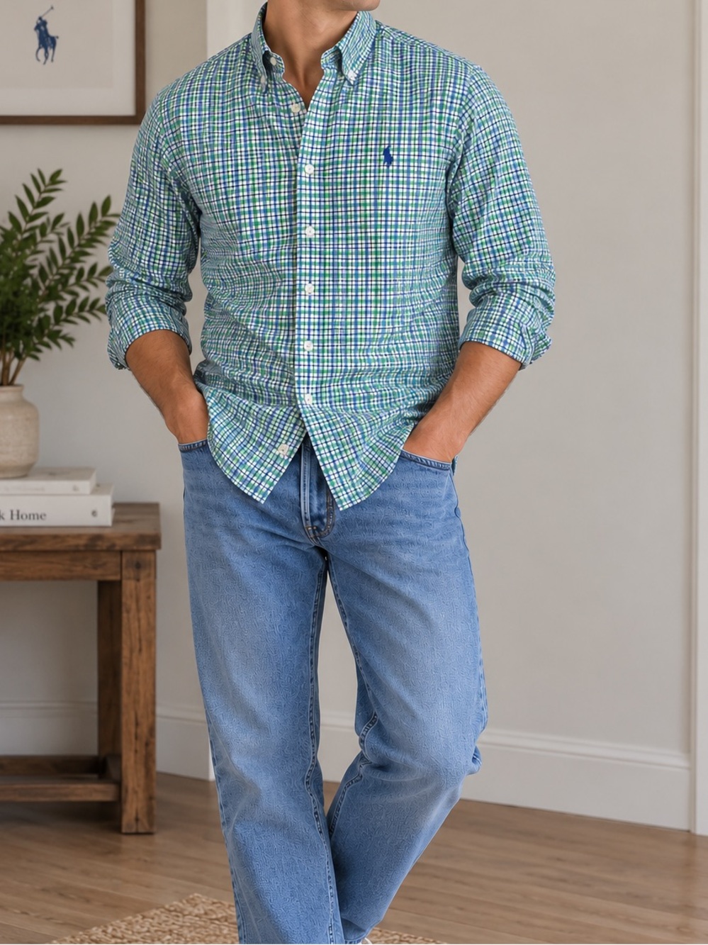 Ralph Lauren Men’s Green Blue Plaid Stretch Cotton Button Down Shirt XL